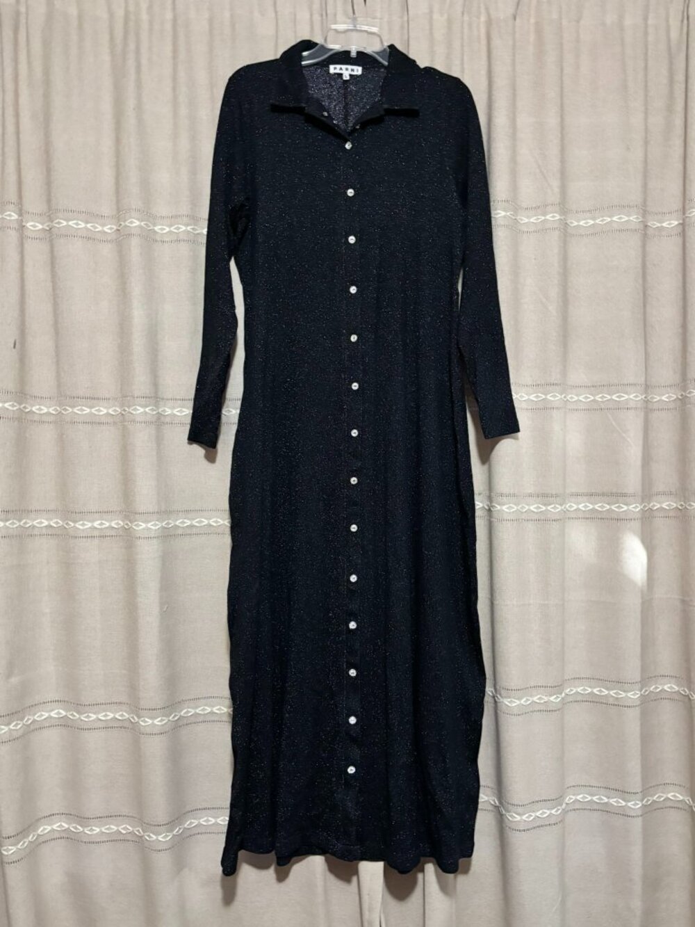 Parni Black Metallic Lurex Shimmer Ribbed Maxi Shirt Dress L